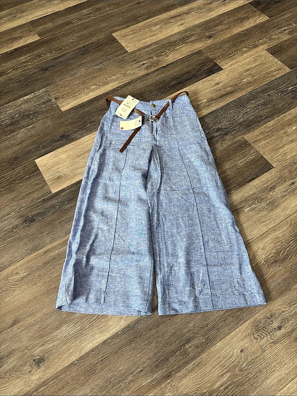 Zara High-Rise Wide-Leg Pants with Belt Blue